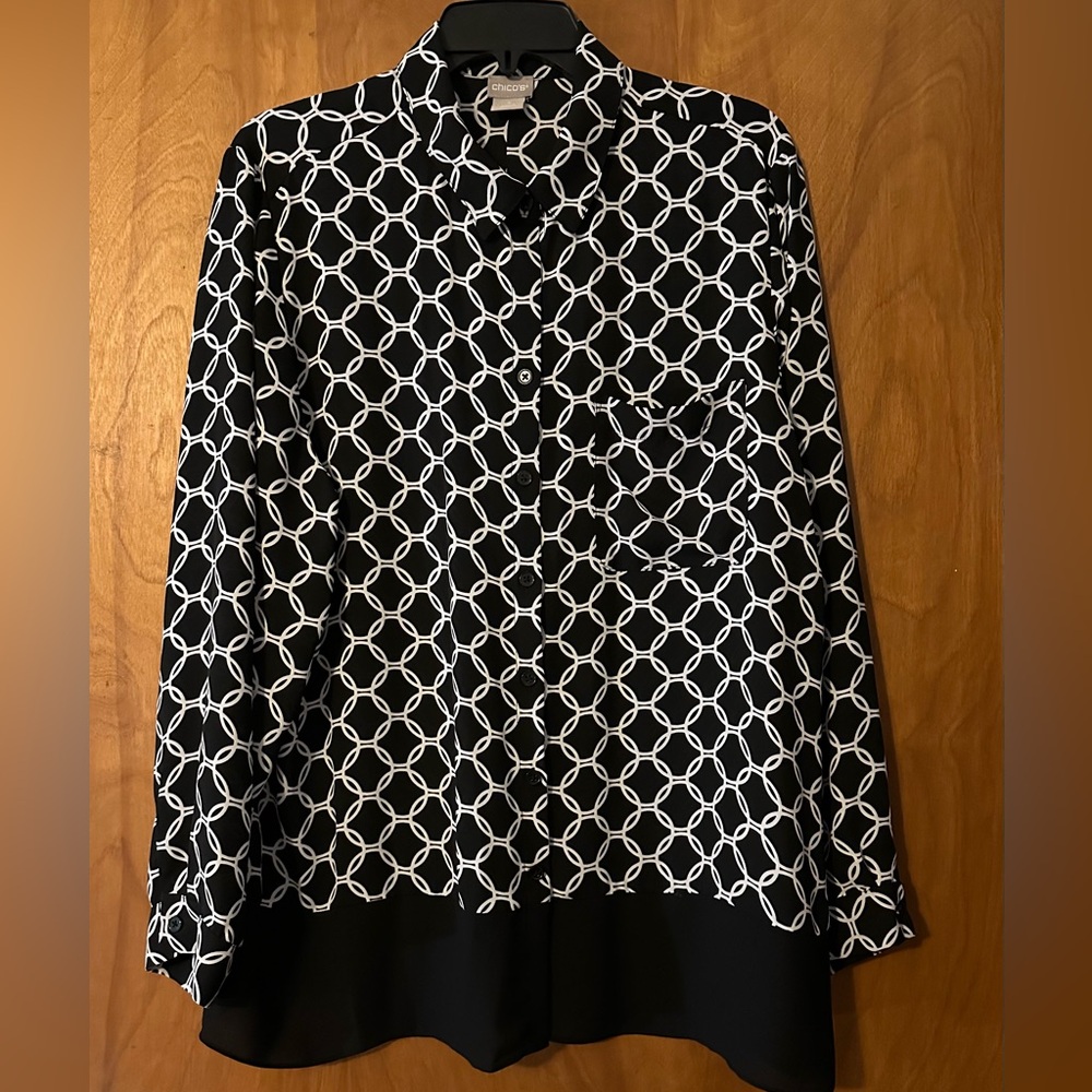 Chicos Black & White Abstract Sheer Button Up Blouse Size 3